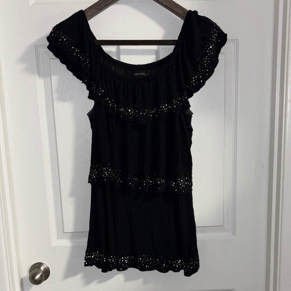 Karen Kane Party Top black tiered ruffle scoop neck/off the shoulder tank/tunic
